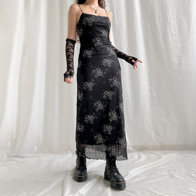 Floral Flocked Mesh Spaghetti Strap Lettuce Hem Bodycon Maxi Dress 4