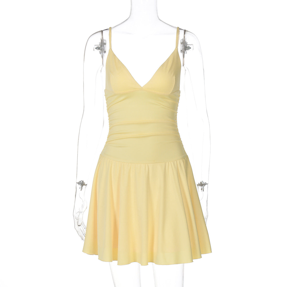V-Neck Spaghetti Strap Ruched Drop Waist Flared Mini Dress 2