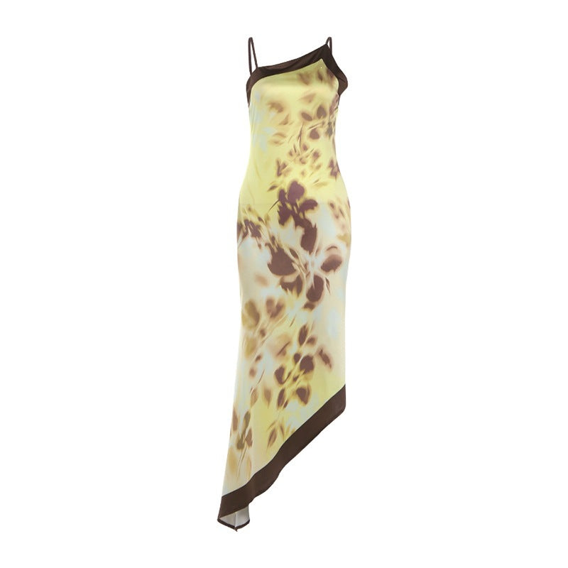 Floral Print Contrast Trim Spaghetti Strap Asymmetric Hem Midi Slip Dress 5