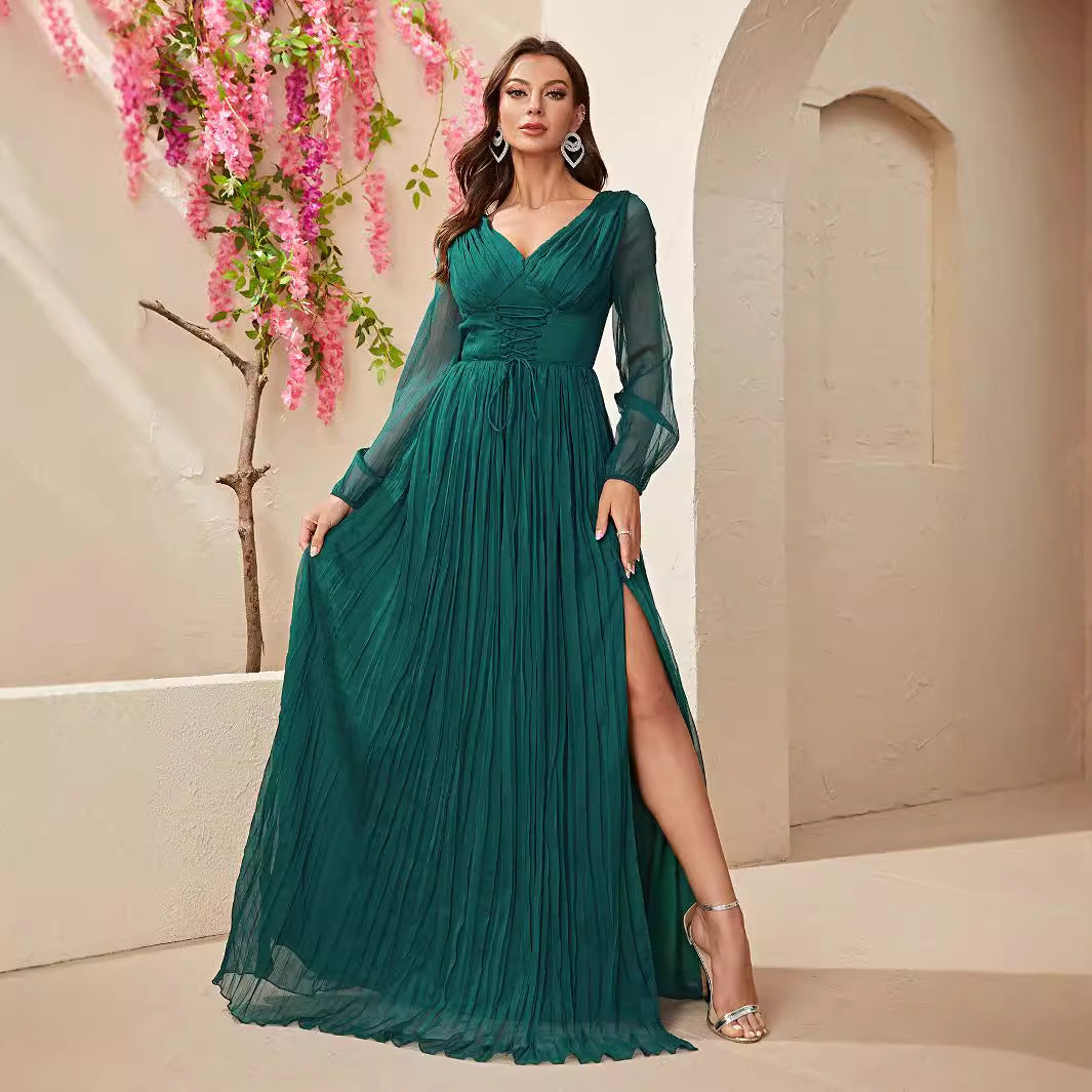 Dress Long Sleeved Chiffon V neck Slit Dress Waist Controlled Lace up Pleated Maxi Dress