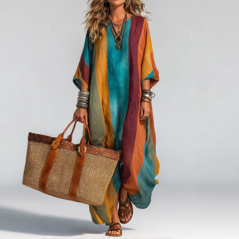 Bohemian Contrast Color Vertical Stripes Autumn Fragrance Hemp Women Loose Fitting V neck Holiday Dress