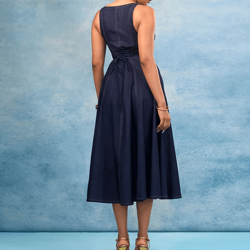 Women Denim Square Neckline Breasted Dress