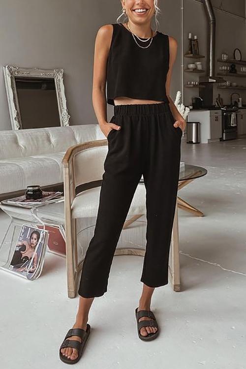 Solid Pockets Tank Pants Set