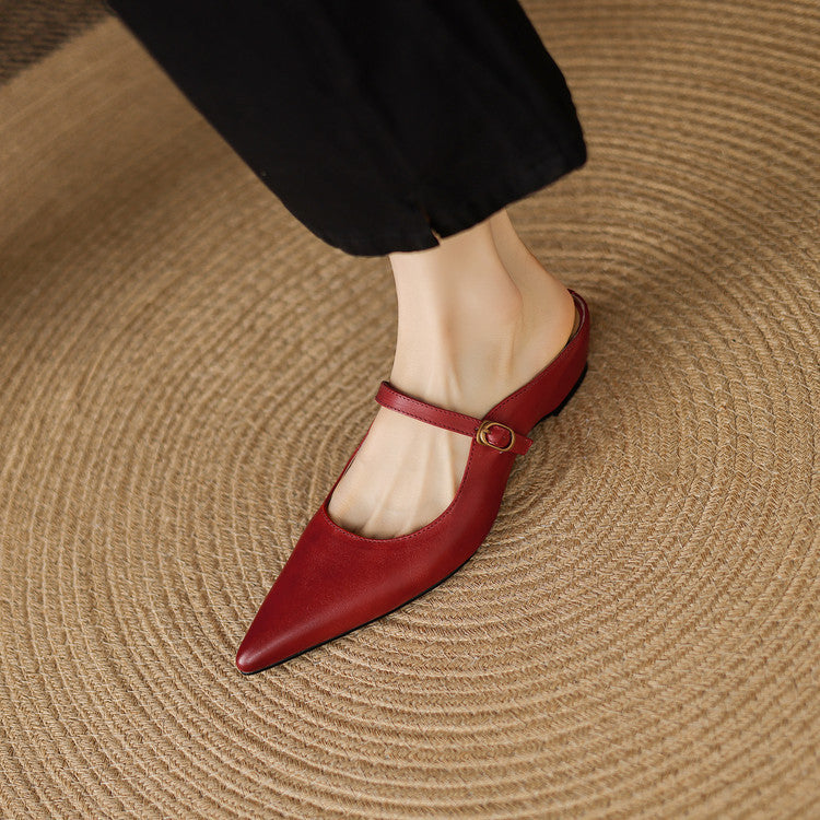 Pointed Toe Ankle Strap Mary Jane Flat Mules