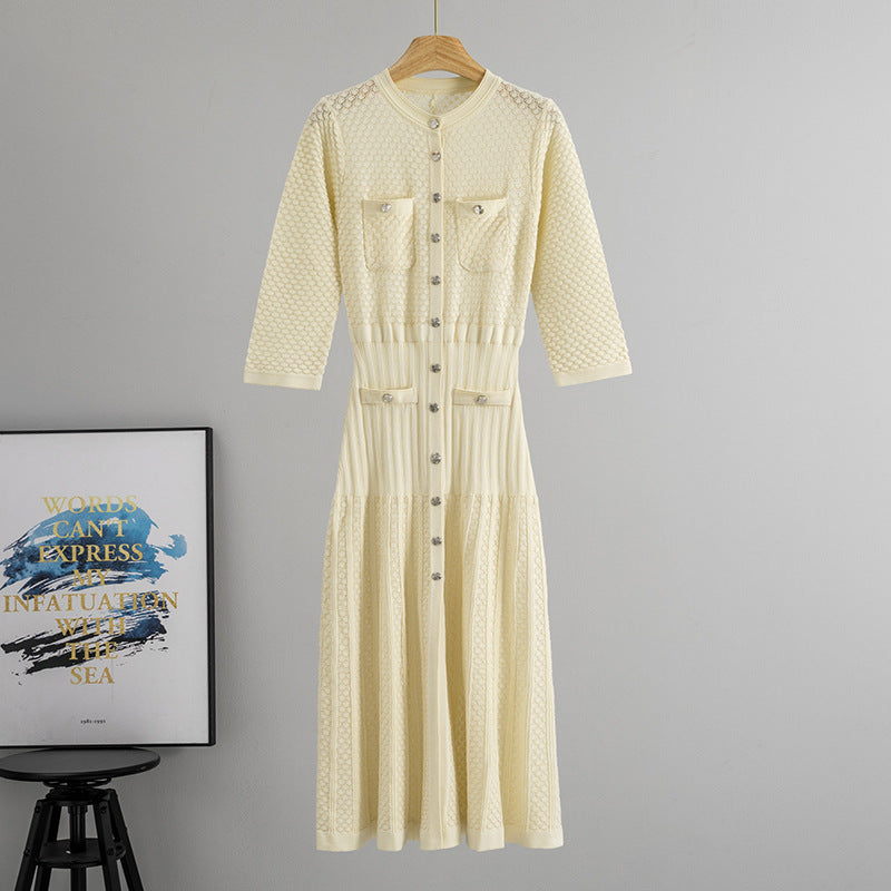 Early Autumn Socialite round Neck 3/4 Sleeves Hollow Out Cutout out Cinched Slimming Knitted Mid Length Dress Women