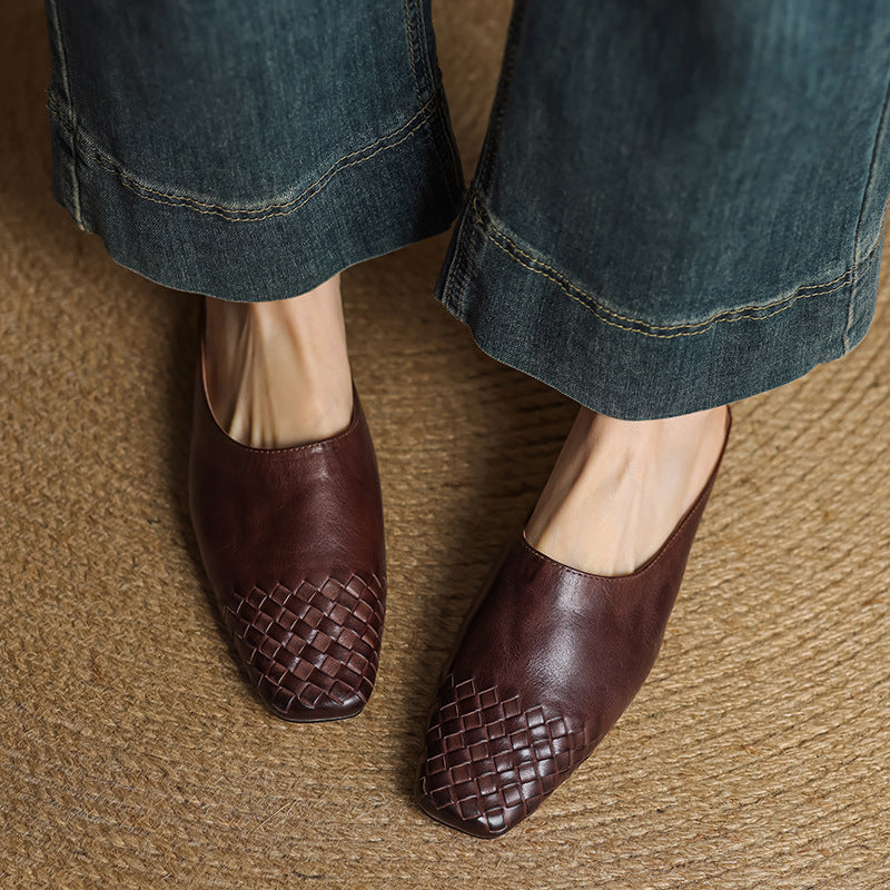 Woven Square Toe Flat Mules