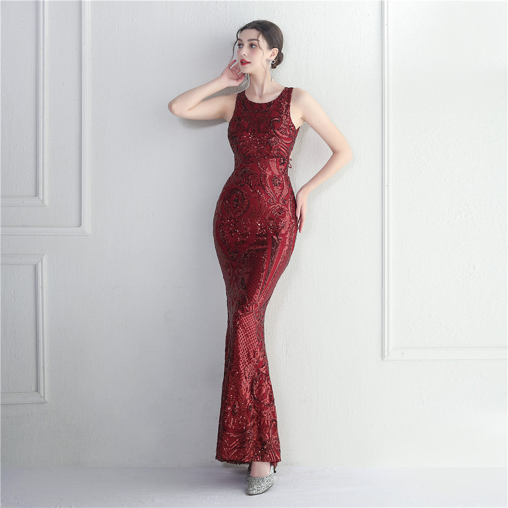 Damask Sequin Embroidered Sleeveless Open Back Mermaid Evening Gown 4