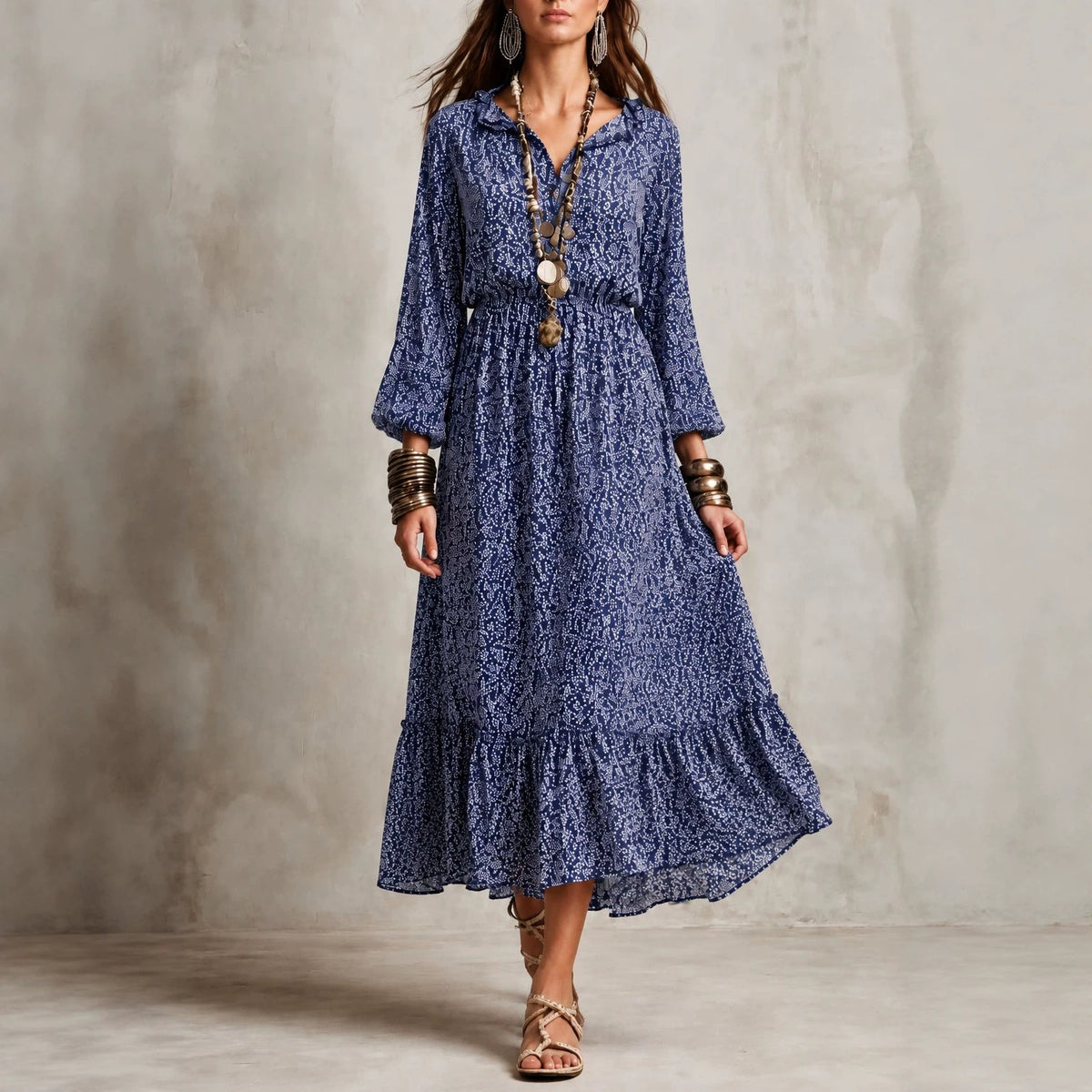 Autumn Women Clothing Long Sleeve V neck Floral Long Sleeve Dress