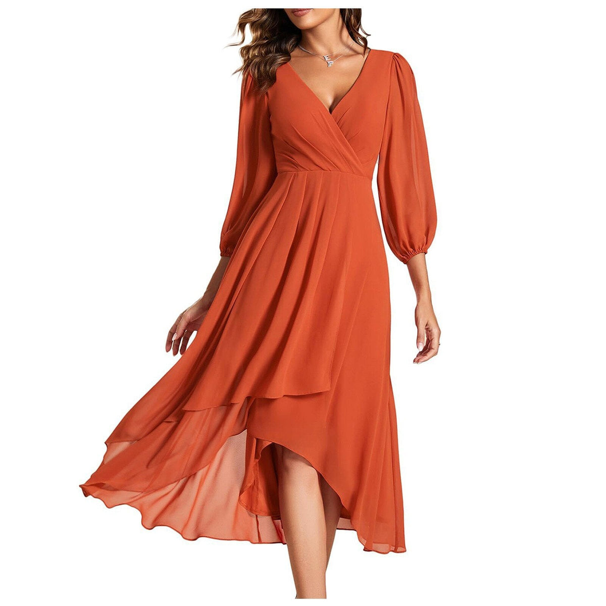 Chiffon Wrap V-Neck Puff Sleeve High Low Midi Dress