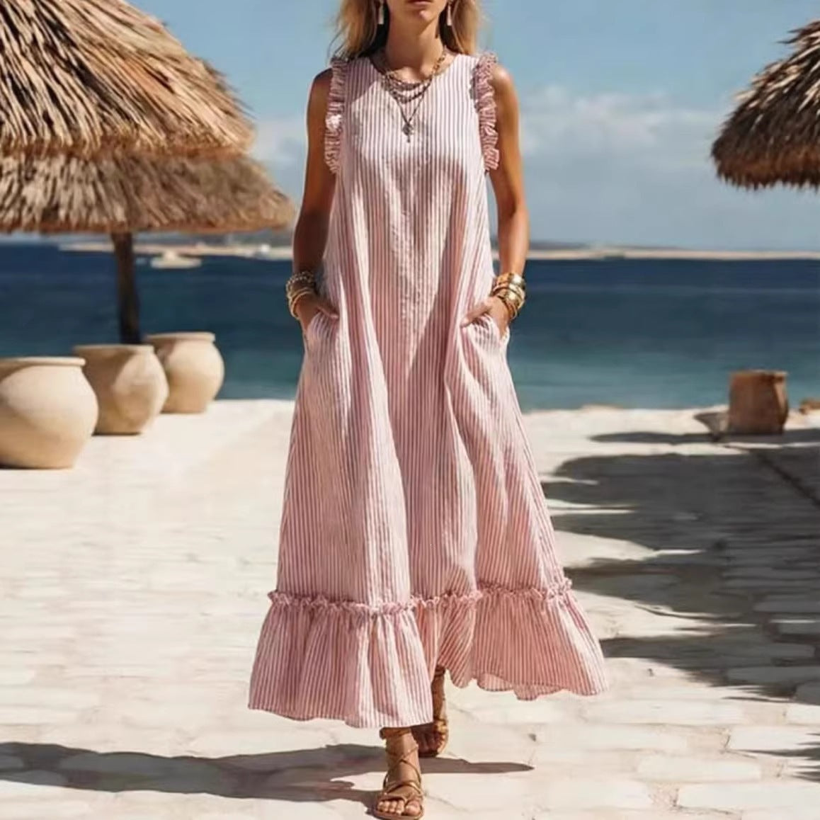 Striped Sleeveless Ruffle Hem Maxi Dress 4