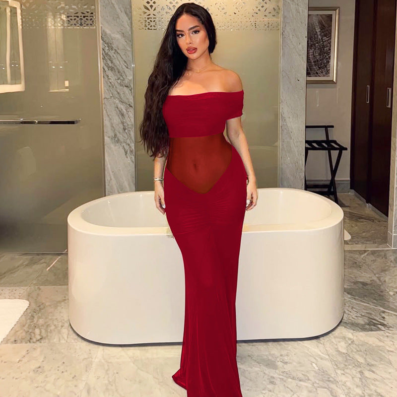Mesh Stitching Maxi Dress Summer Chic off Shoulder Pleated Slim Dress