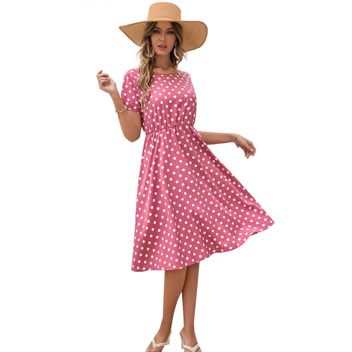 Polka Dot Crew Neck Short Sleeve Elastic Waist A-Line Midi Dress 2