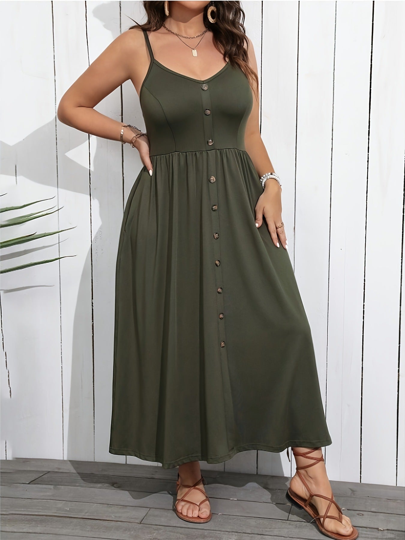 Spaghetti Strap Button Front Pocket Midi Dress 7