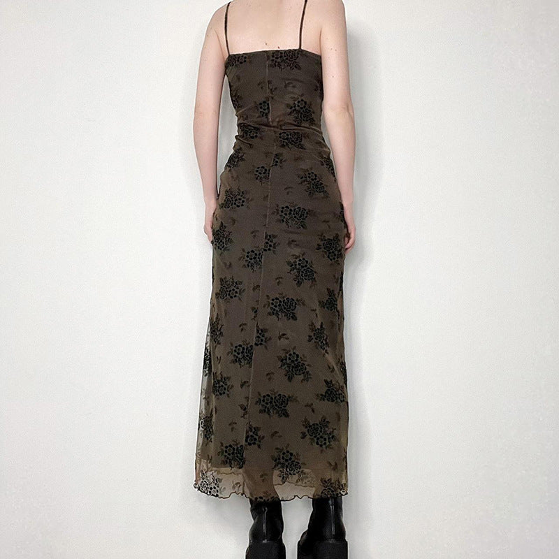 Floral Flocked Mesh Spaghetti Strap Lettuce Hem Bodycon Maxi Dress 2
