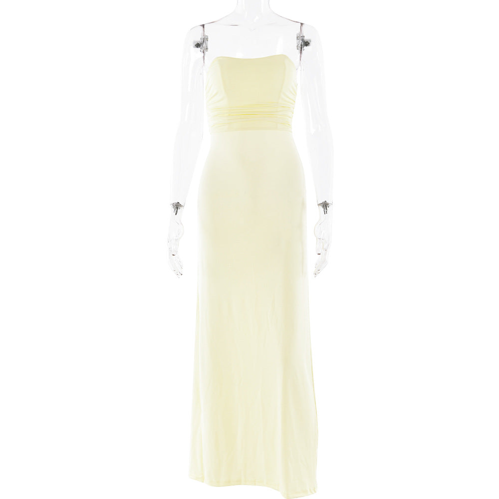 Strapless Ruched Bodice Lace Up Back Bodycon Maxi Dress 5