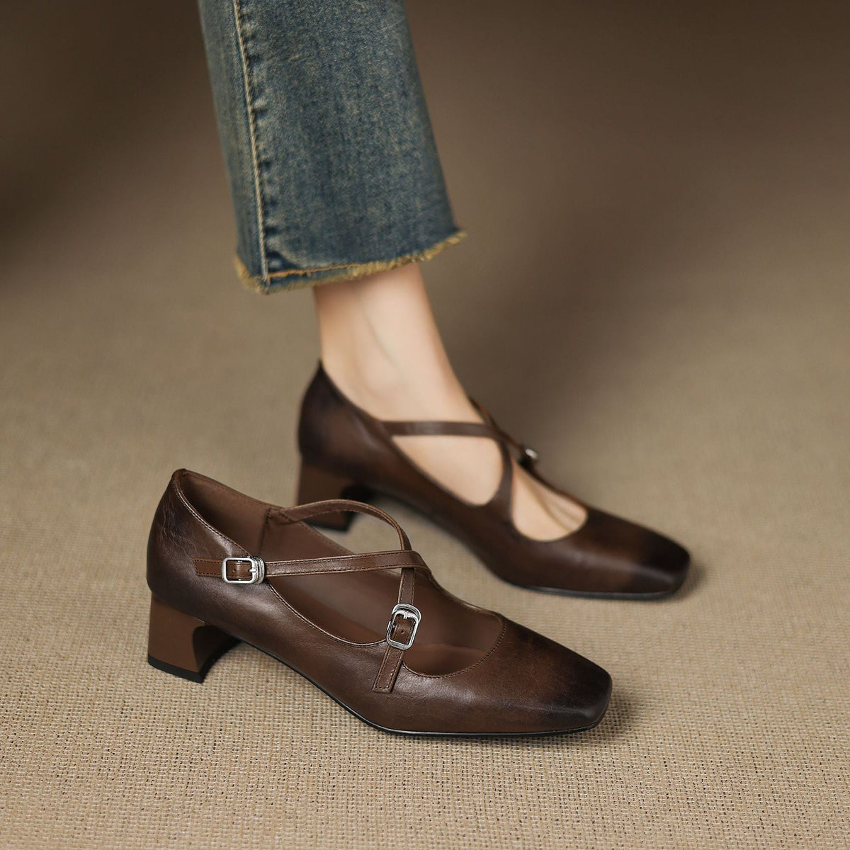 Square Toe Double Buckle Strap Block Heel Mary Jane Pumps