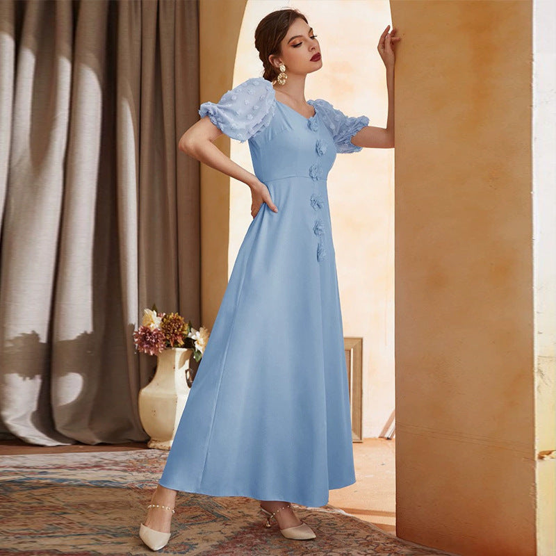 Rose Applique Sweetheart Swiss Dot Puff Sleeve Fit and Flare Maxi Dress