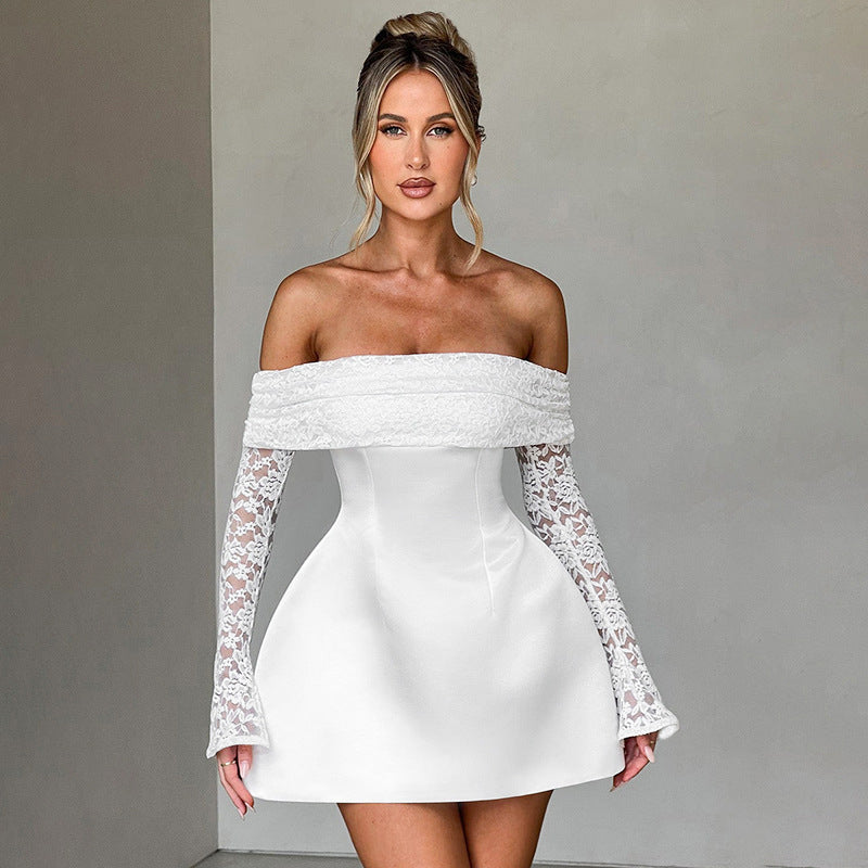Off Shoulder Lace Long Sleeve Fold Over Corset Waist A-Line Mini Dress