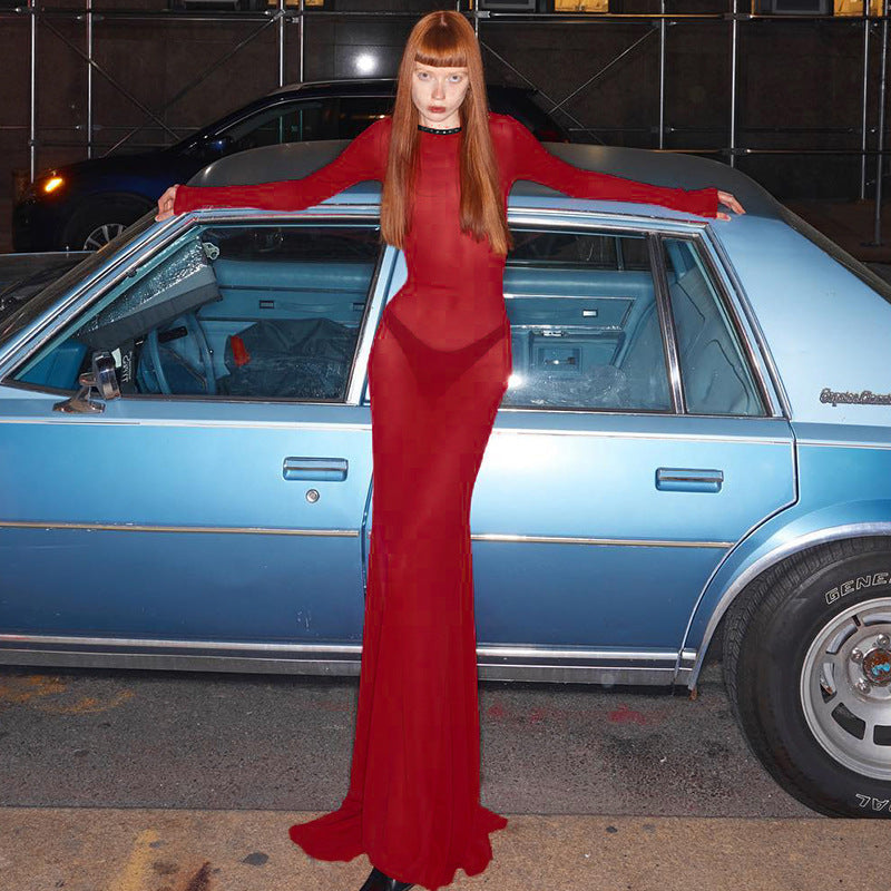 Autumn Mesh Backless Lace up Long Sleeve Super Maxi Dress - View 2