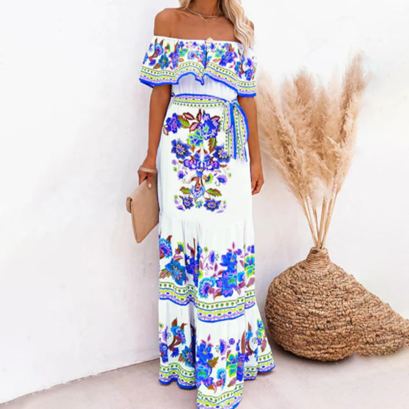 Off Shoulder Floral Ruffle Tiered Belted Maxi Dress 12