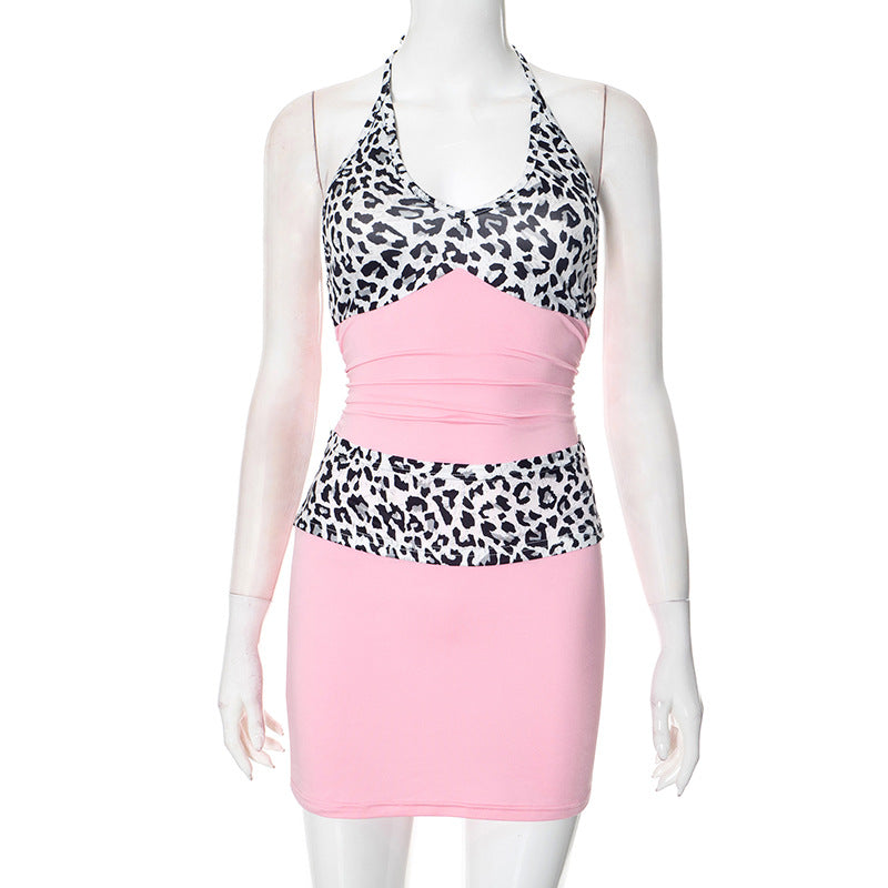 Leopard Print Contrast Halter Deep V-Neck Ruched Bodycon Mini Dress 2