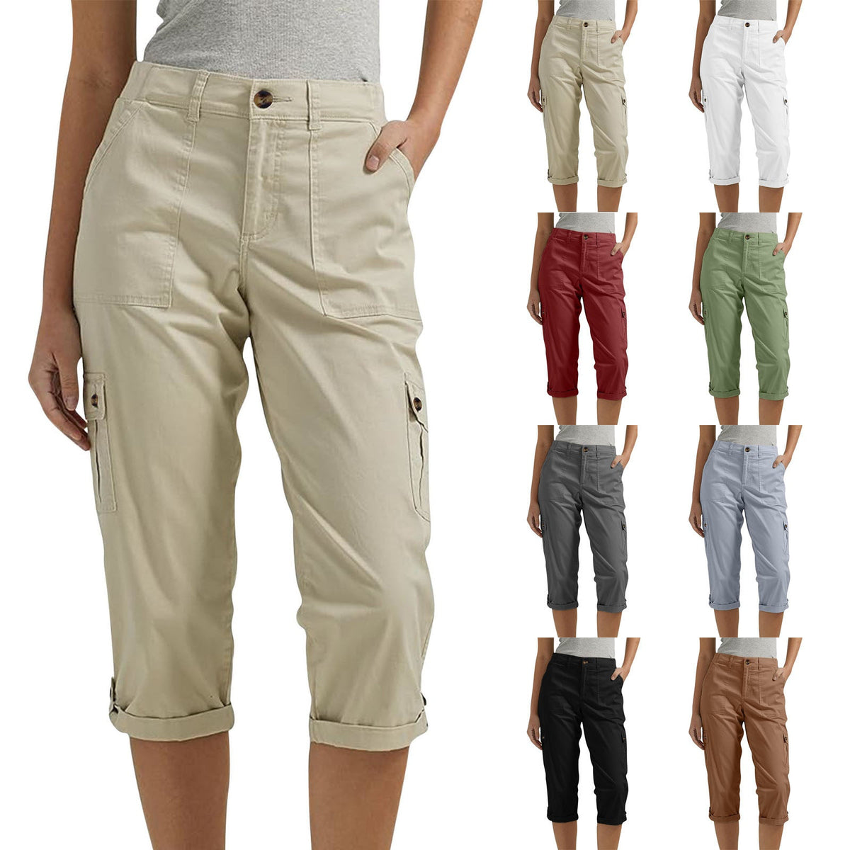 High Waist Multi Pocket Cargo Capri Pants