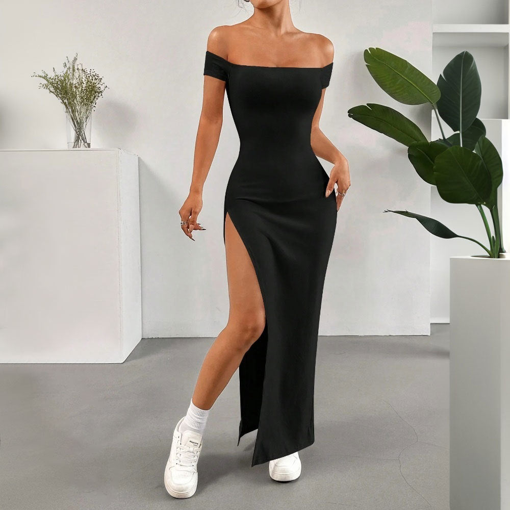 Women Clothing Elegant Sexy Dress Spring Summer Black off the Shoulder Slit Midi Dress