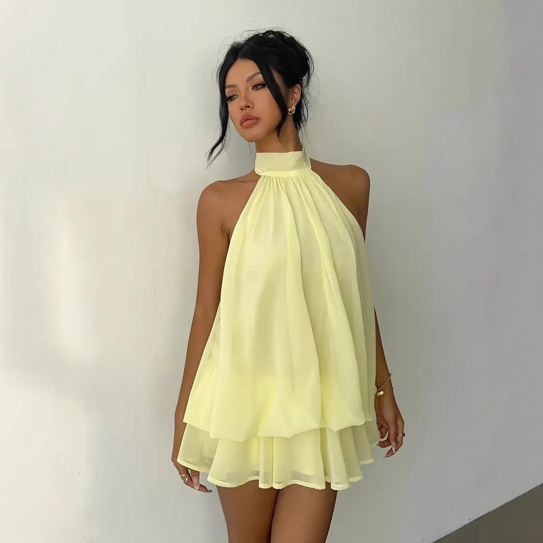 Sheer Chiffon Halter Neck Backless Layered Ruffle Mini Dress 5