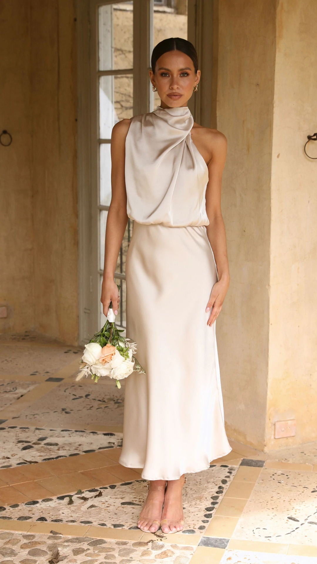 Satin High Neck Draped Sleeveless Blouson Midi Dress 2