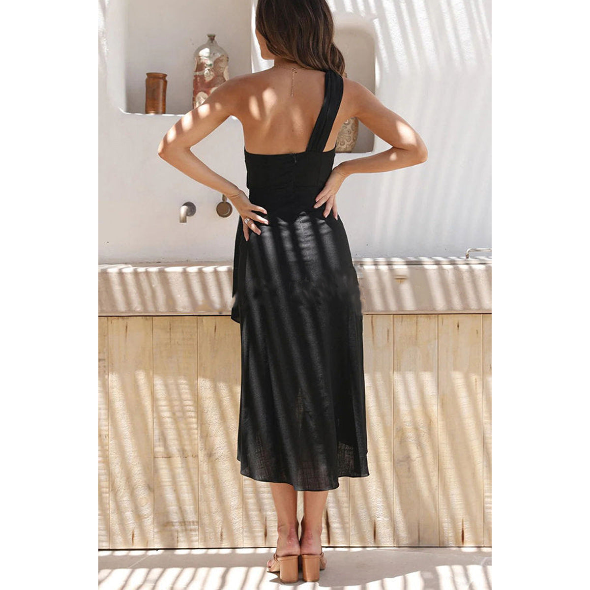 One Shoulder Tie Waist Wrap Asymmetric Hem Midi Dress 5