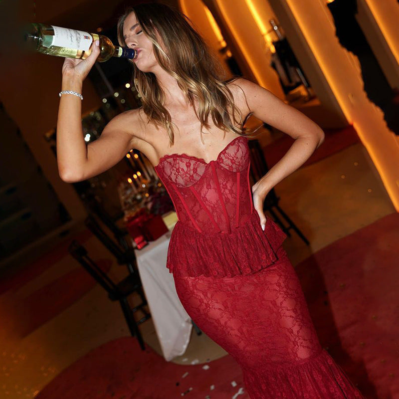 Lace Strapless Sweetheart Corset Peplum Mermaid Maxi Dress