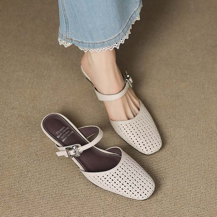 Square Toe Cut Out Buckle Block Heel Mules