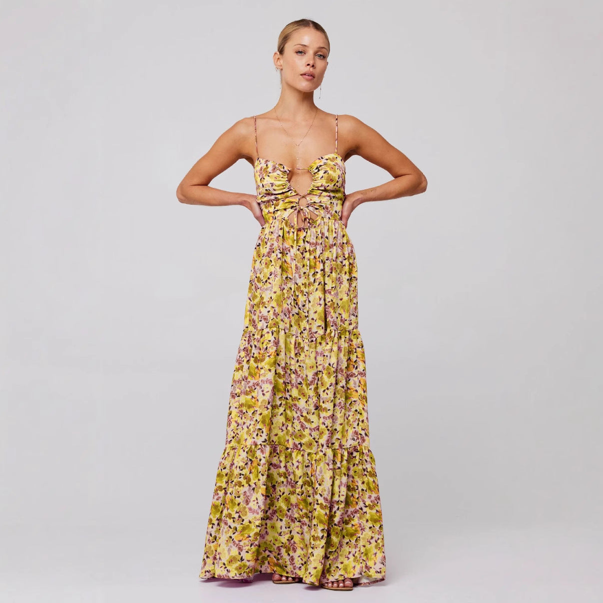 Floral Spaghetti Strap Cut Out Tiered Midi Dress 4