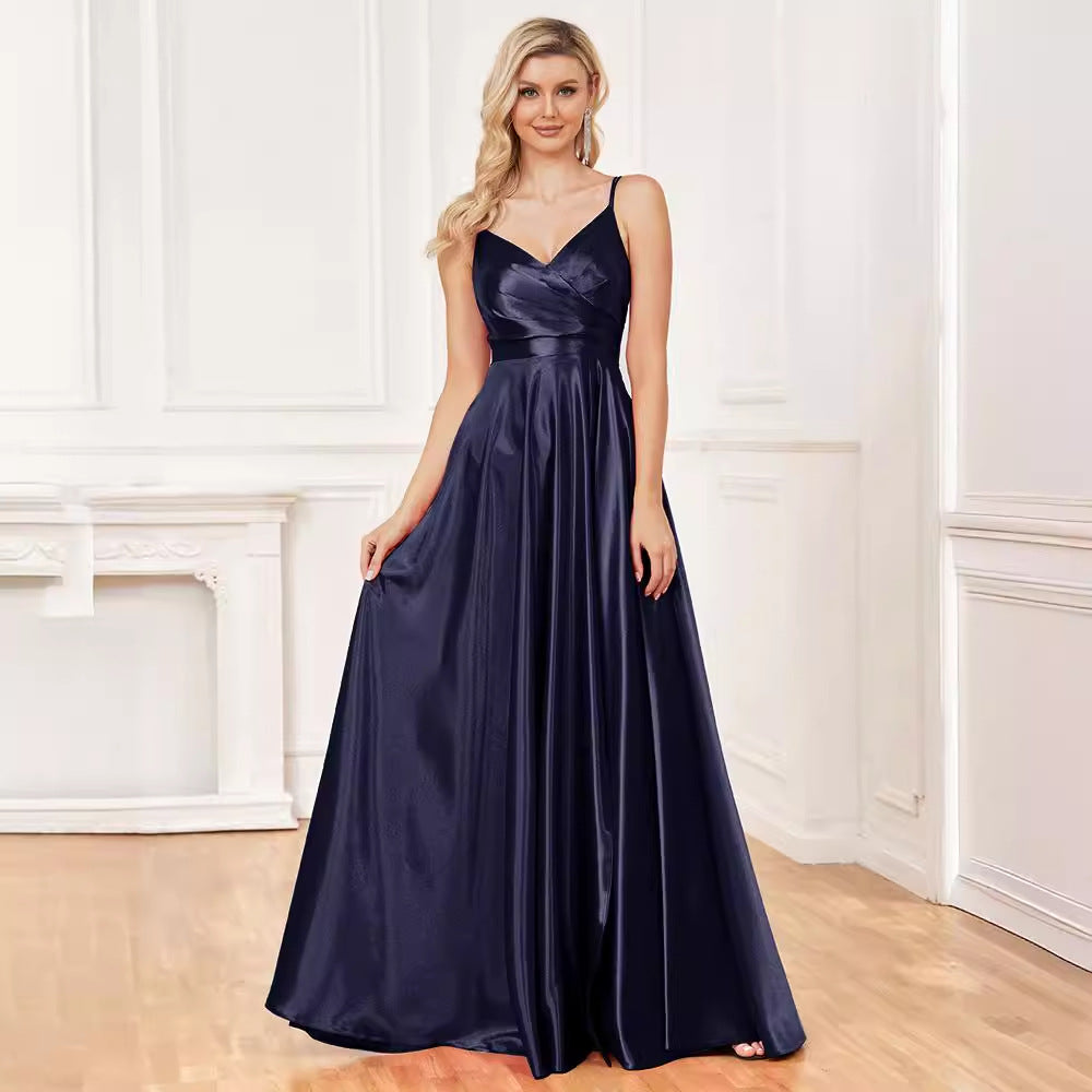 Chic Sling Silk Dress Backless Blue Maxi Dress Bridesmaid Evening Dress Women