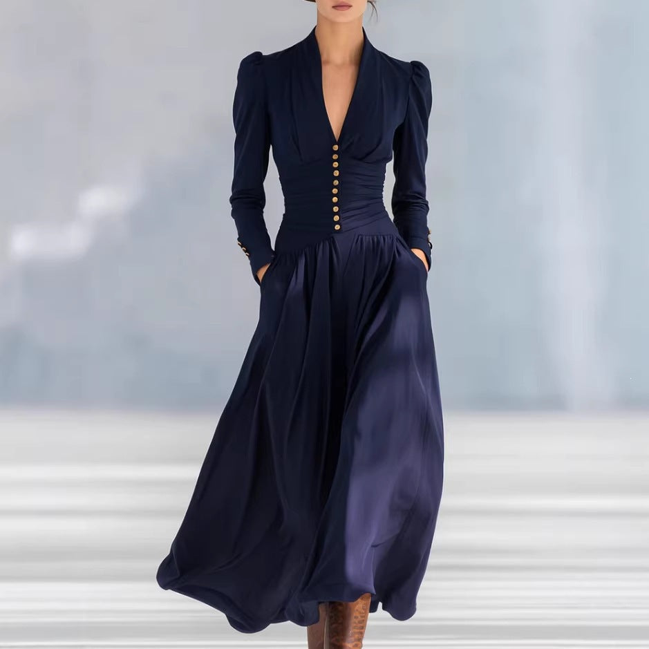 Deep V-Neck Puff Sleeve Ruched Satin Maxi Dress