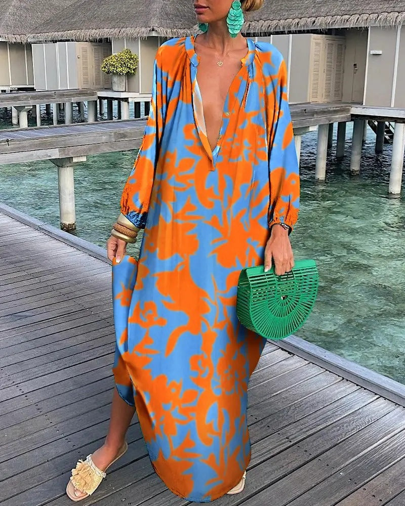 Fall Women Clothing Printed Pullover Long Sleeve V neck Swing Loose Dress