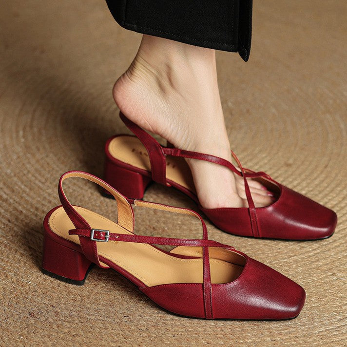 Square Toe Cross Strap Block Heel Slingback Pumps
