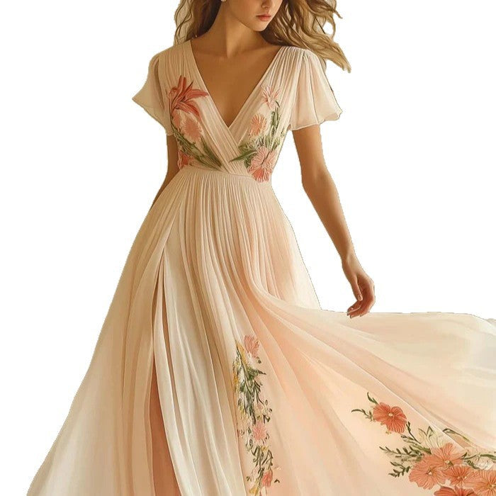 Floral Embroidered Chiffon V-Neck Short Sleeve High Split Maxi Dress 2