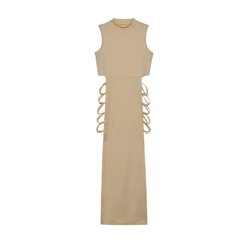 Mock Neck Sleeveless Lace Up Side Cut Out High Split Maxi Dress 8