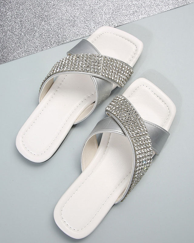 Cross Strap Rhinestone Square Toe Roman Slides