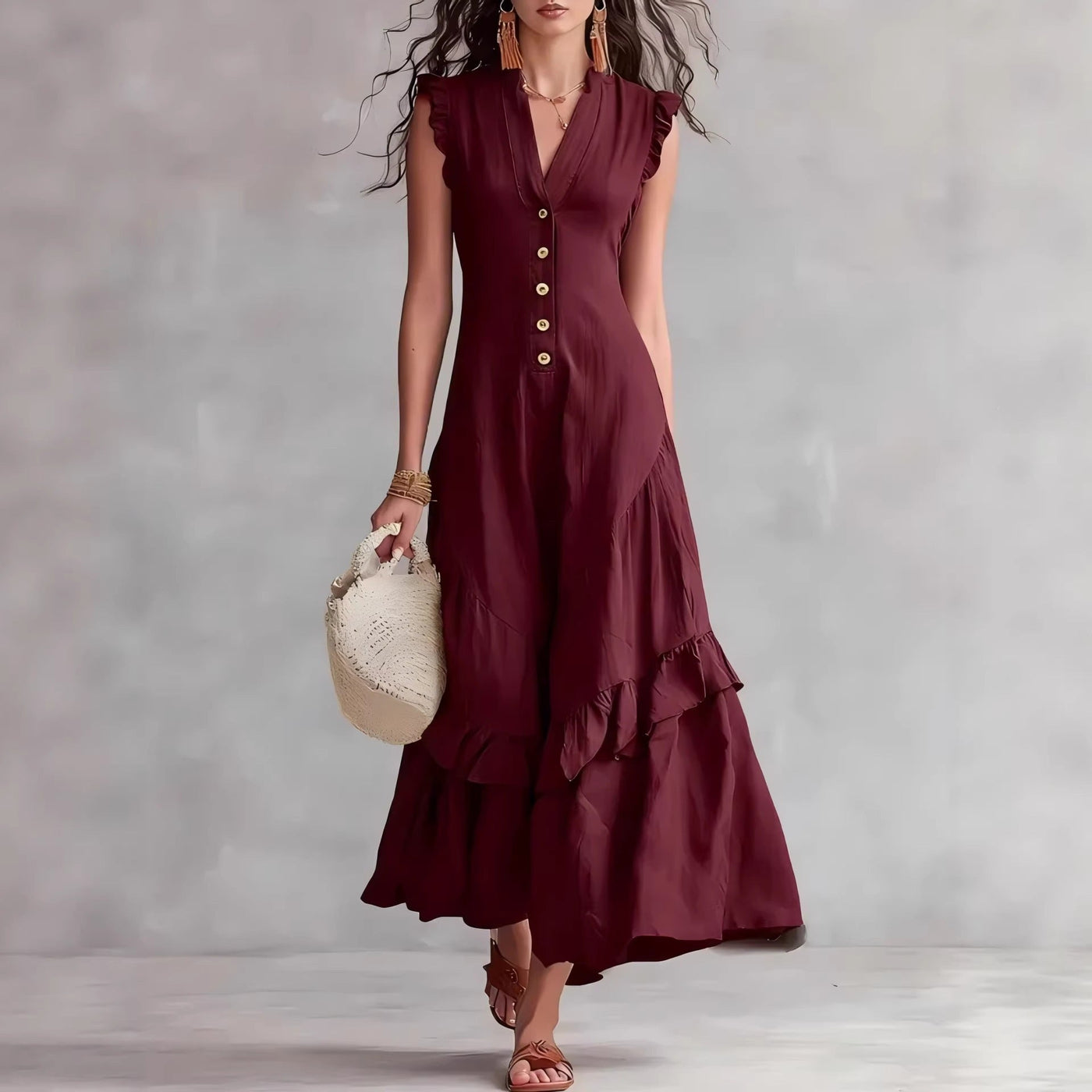 V-Neck Ruffle Sleeve Button Front Tiered Maxi Dress 3