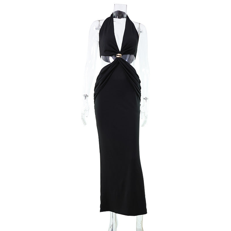 Halter Plunge Neck Side Cut Out Buckle Waist Maxi Dress 3
