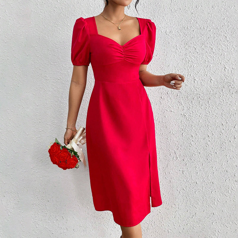 Sweetheart Neck Puff Short Sleeve Ruched Bust Side Slit Midi Dress