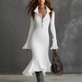 Ribbed Knit Long Sleeve Zip Front Mermaid Midi Dress 2