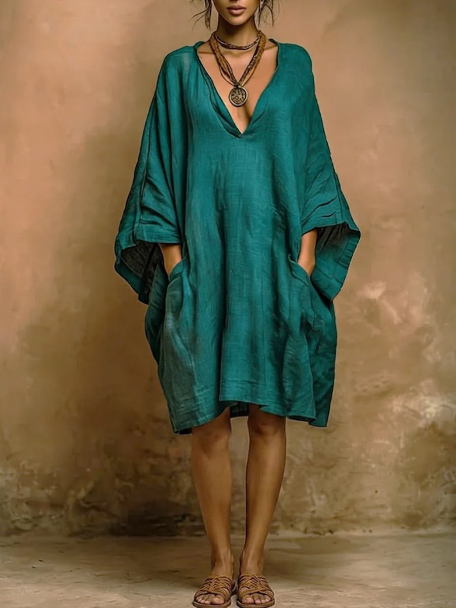 Linen Look Deep V-Neck Batwing Sleeve Oversized Pocket Knee Length Dress 4