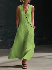 V-Neck Sleeveless Button Front Linen Maxi Dress 13