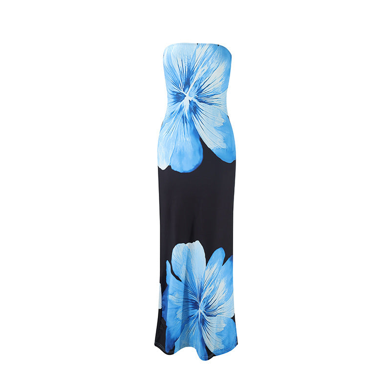 Large Flower Print Strapless Tube Bodycon Mermaid Maxi Dress 3