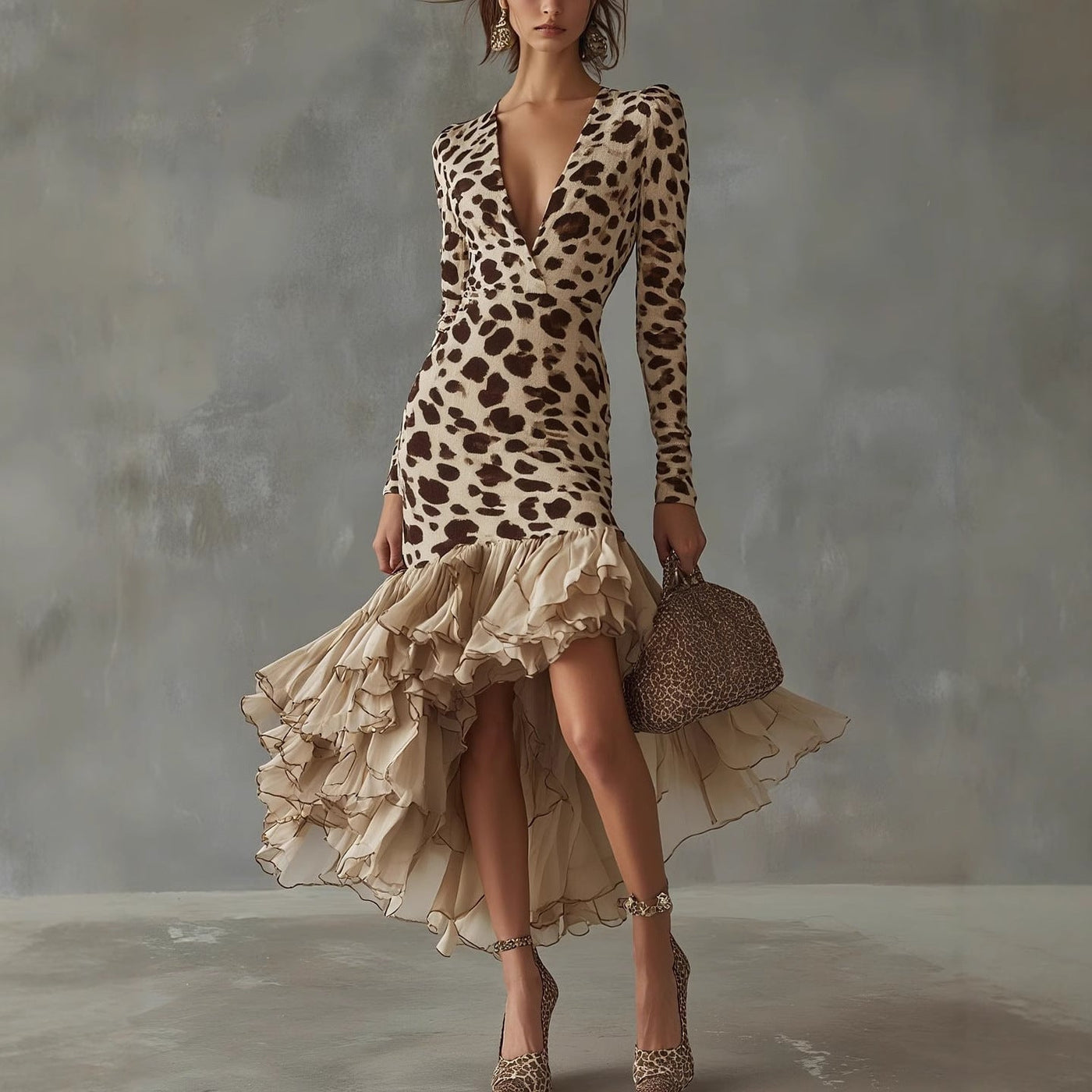 Leopard Deep V-Neck Long Sleeve Ruffle High Low Bodycon Dress 5