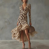 Leopard Deep V-Neck Long Sleeve Ruffle High Low Bodycon Dress 5