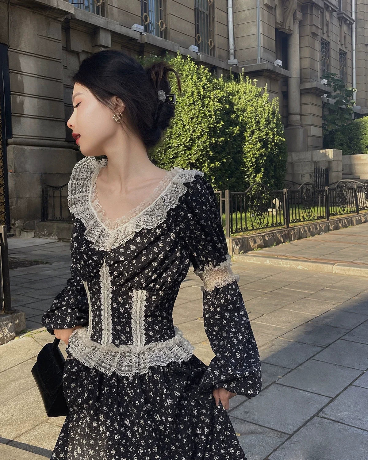 Floral Long Sleeve Lace Trim Square Neck Maxi Dress 8